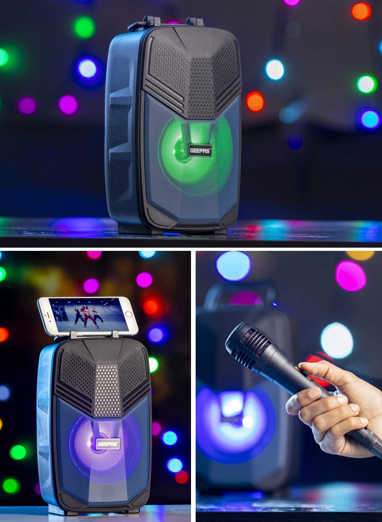 Geepas Portable Bluetooth Speaker, With Microphone, GMS11156, USB/TF/FM/AUX In Large Circle Dazzle LED Light Portable & Lightweight Ideal For Home, Hotels & Outdoor Use, Black