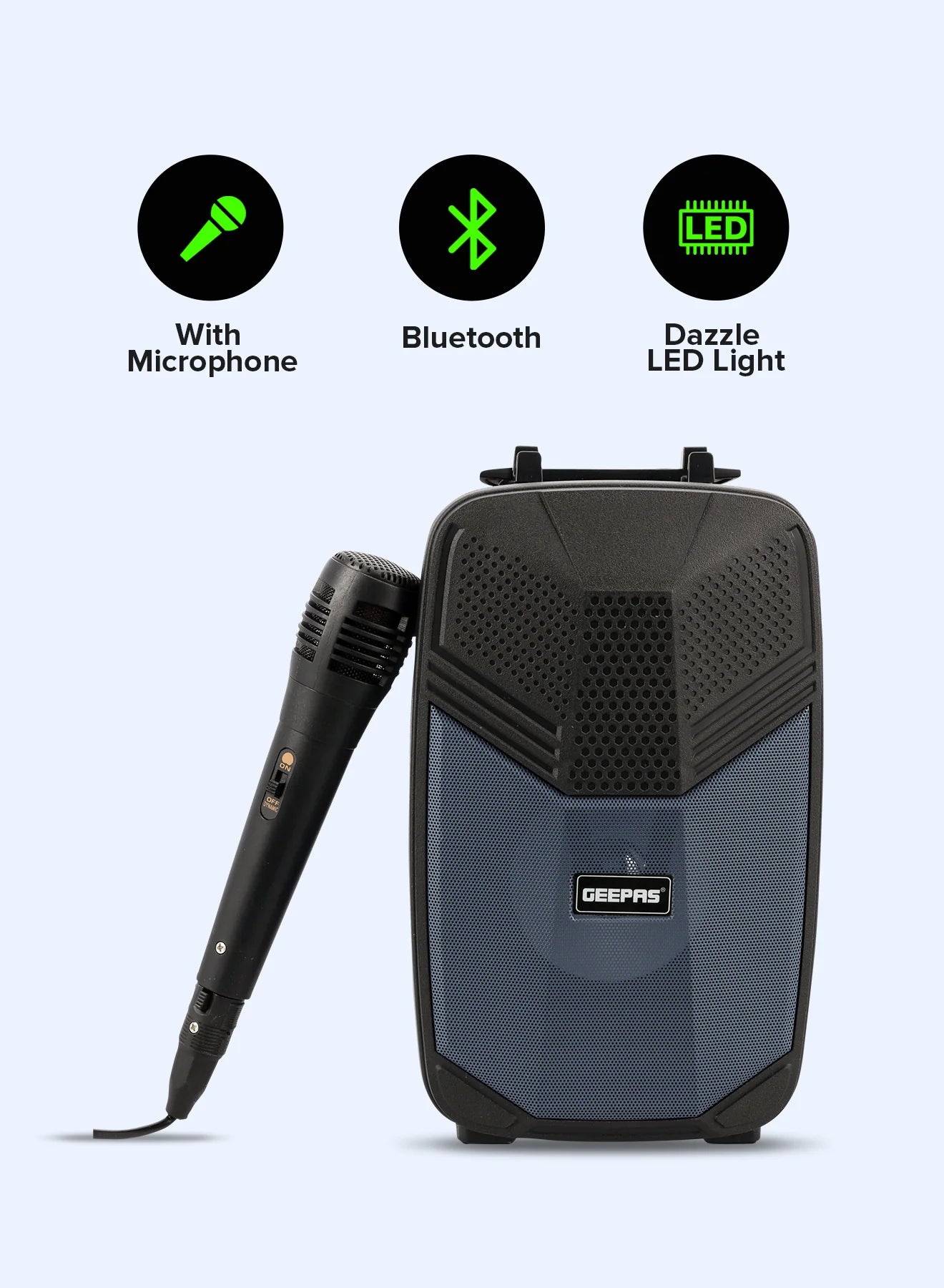 Geepas Portable Bluetooth Speaker, With Microphone, GMS11156, USB/TF/FM/AUX In Large Circle Dazzle LED Light Portable & Lightweight Ideal For Home, Hotels & Outdoor Use, Black