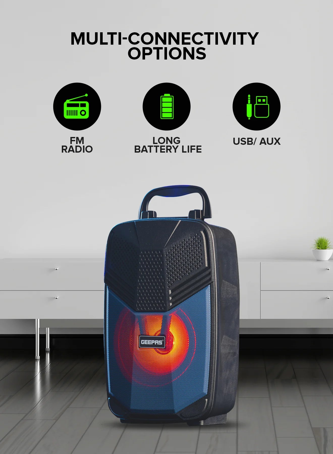 Geepas Portable Bluetooth Speaker, With Microphone, GMS11156, USB/TF/FM/AUX In Large Circle Dazzle LED Light Portable & Lightweight Ideal For Home, Hotels & Outdoor Use, Black