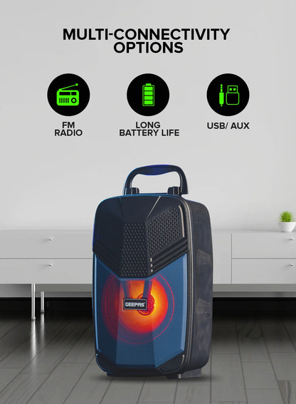 Geepas Portable Bluetooth Speaker, With Microphone, GMS11156, USB/TF/FM/AUX In Large Circle Dazzle LED Light Portable & Lightweight Ideal For Home, Hotels & Outdoor Use, Black