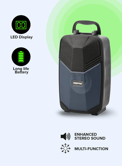 Geepas Portable Bluetooth Speaker, With Microphone, GMS11156, USB/TF/FM/AUX In Large Circle Dazzle LED Light Portable & Lightweight Ideal For Home, Hotels & Outdoor Use, Black