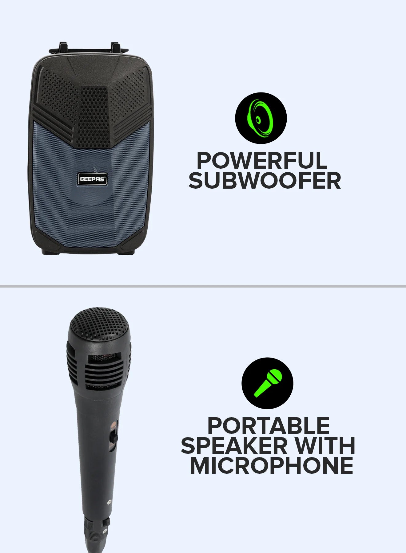 Geepas Portable Bluetooth Speaker, With Microphone, GMS11156, USB/TF/FM/AUX In Large Circle Dazzle LED Light Portable & Lightweight Ideal For Home, Hotels & Outdoor Use, Black