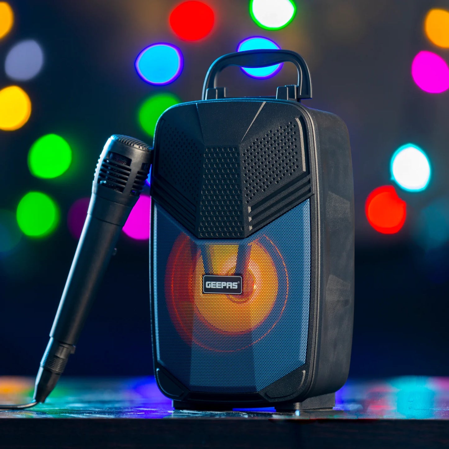 Geepas Portable Bluetooth Speaker, With Microphone, GMS11156, USB/TF/FM/AUX In Large Circle Dazzle LED Light Portable & Lightweight Ideal For Home, Hotels & Outdoor Use, Black