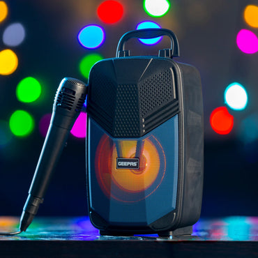 Geepas Portable Bluetooth Speaker, With Microphone, GMS11156, USB/TF/FM/AUX In Large Circle Dazzle LED Light Portable & Lightweight Ideal For Home, Hotels & Outdoor Use, Black