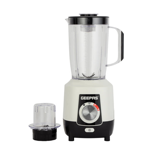 Geepas 2-in-1 Blender, Powerful Motor with 2 Speed Setting and Pulse/ Transparent Jars with Stainless Steel Blade, Grinder Attachment White and Black