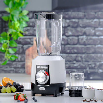 Geepas 2-in-1 Blender, Powerful Motor with 2 Speed Setting and Pulse/ Transparent Jars with Stainless Steel Blade, Grinder Attachment White and Black