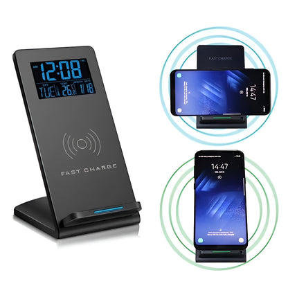 Alarm Clock Wireless Charger Mobile Phone Holder Perpetual Calendar Temperature Bedside Desktop