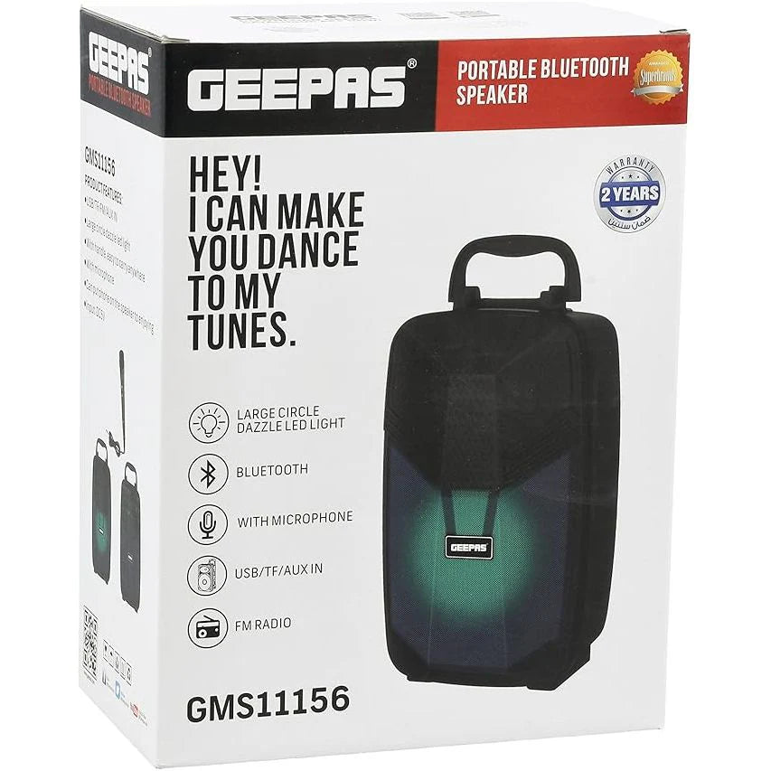 Geepas Portable Bluetooth Speaker, With Microphone, GMS11156, USB/TF/FM/AUX In Large Circle Dazzle LED Light Portable & Lightweight Ideal For Home, Hotels & Outdoor Use, Black